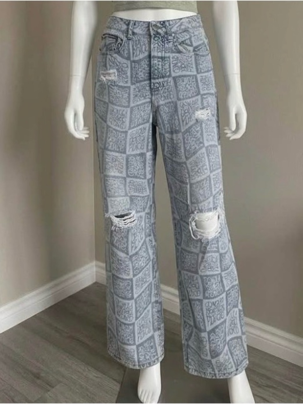 Tinseltown High Rise Wide Leg Jeans Checkerboard Peace Sign Distressed Size 7
